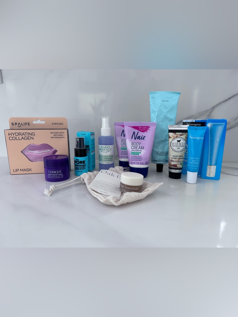 10 piece skincare set, Clinique, benefit, and Mario BADESCU